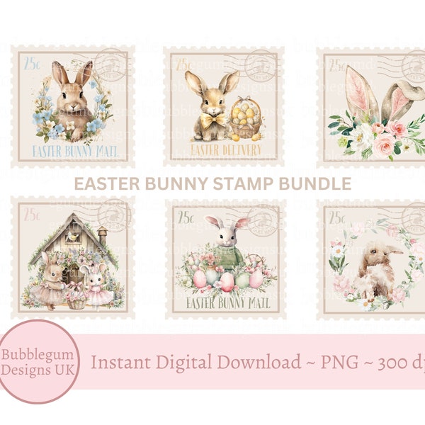 Easter Bunny Mail Postage Stamp Set PNG, Bunny Rabbit Stamps Set, Stickers, Easter Bunny Letter, Easter Post Mark, Instant Digital Download