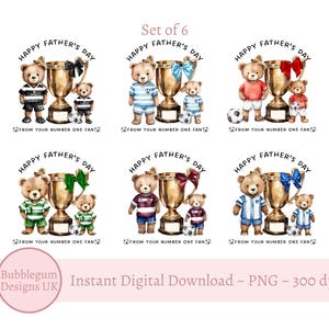 Lot de 6 oursons PNG pour la fête des pères, joyeuse fête des pères, papa du football, bande de football, design par sublimation, téléchargement immédiat
