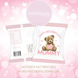 Pink Heart Bear Happy Mother's Day Mummy Treat-pakket, A4 afdrukbare JPG, Moederdag Treat Bag, Chip Crisp Bag, instant digitale download