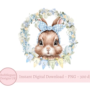 Blue Easter Bunny & Bunting Sublimation Design, PNG, Easter Bunny Gingham Bow, 1st Easter,  Easter Egg Wreath, Instant Digital Download