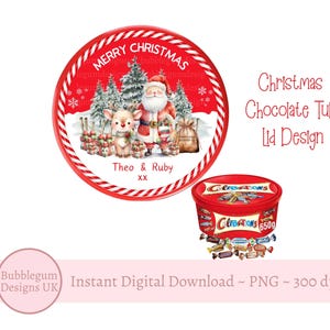 Merry Christmas Santa & Reindeer Chocolate Tub Lid Design, PNG,Printable Chocolate Candy Tub Lid, Christmas Sticker,Instant Digital Download