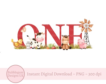 Red Farm ONE 1st Birthday PNG, Farm Animals Sublimation Design, 1st Birthday T Shirt Design, Cow, Pig, Horse, Instant Digital Download