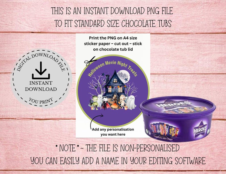 Halloween Movie Night Treats Chocolate Tub Lid Design, PNG, Printable