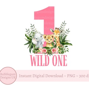 Pink Wild One Baby Safari Animals PNG, Aquarela Bebês Animais, Design de Sublimação de Camiseta, Imagem de Cartão de Aniversário, Download Digital Instantâneo