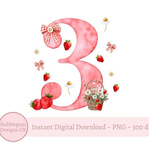 Fraise 3e anniversaire PNG, conception de sublimation de t shirt joyeux anniversaire baies, fraise marguerite 3e anniversaire, téléchargement immédiat