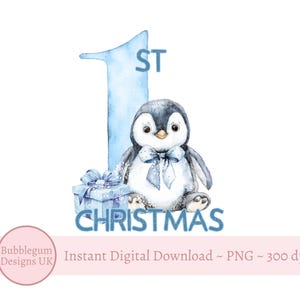 Lindo pingüino azul para la primera Navidad PNG, diseño de sublimación para la primera Navidad, diseño para la primera Navidad de niño, descarga digital instantánea