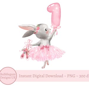 Rosa Ballerina Häschen 1. Geburtstag PNG, Graues Häschen Geburtstag Clipart, Mädchen 1. Geburtstag Sublimation, süßes Häschen, sofortiger digitaler Download