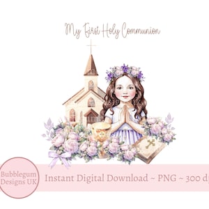Minha Primeira Comunhão PNG, Clipart de Primeira Comunhão de Menina Orando, Design de Cartão de Comunhão Sagrada, Comunhão Roxa, Download Digital Instantâneo