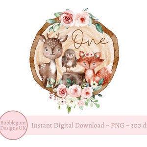 Animaux de la forêt premier anniversaire PNG, animaux de la forêt sur motif floral en sublimation de bûches de bois, renard roux, cerf, lapin, téléchargement immédiat