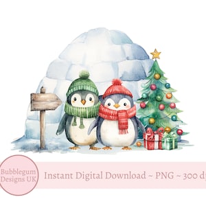 Weihnachtspinguin-Paar PNG, Pinguin-Iglu-Sublimationsdesign, Weihnachtskartendesign, Weihnachtssackdesign, sofortiger digitaler Download