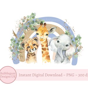 Bleu Safari animaux arc-en-ciel PNG, mignon éléphant, girafe, clipart léopard, nouvelle conception de carte de bébé, anniversaire Safari, téléchargement immédiat
