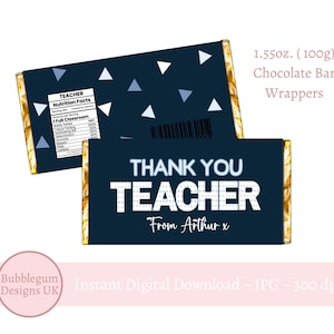 Obrigado professor, embalagem de barra de chocolate azul para impressão, embalagem de barra de chocolate de 1,55 onças (100g), melhor professor, download digital instantâneo