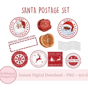 Conjunto de postagem de correio de Papai Noel PNG, Feliz Natal, designs de Papai Noel vermelho, adesivos, selo de Papai Noel vintage, correio do Pólo Norte, download digital instantâneo