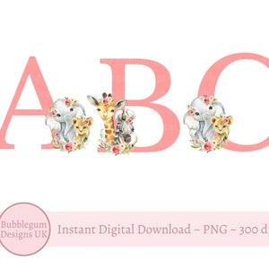 Roze safari dieren alfabet PNG, babysafaridieren, olifant, giraf, 26 afzonderlijke letters alfabet clipart, instant digitale download