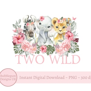 Meninas dois bebês selvagens safari animais PNG, animais bebês em aquarela, design de sublimação de camiseta, design de cartão de aniversário, download digital instantâneo