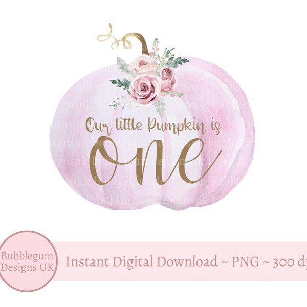 Our Little Pumpkin Is One - Pastel Pink Floral Pumpkin Sublimation Design, Baby 1st Birthday T Shirt Sublimation, Instant Digital Download