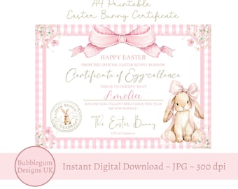 Certificado de Conejo de Pascua A4, Nota de Conejo de Pascua Rosa, Carta de Conejo de Pascua, JPG, Certificado Imprimible, Descarga Digital Instantánea