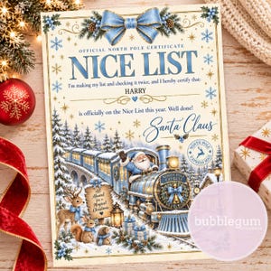 May include: An official North Pole Nice List certificate for Harry, featuring a blue bow, snowflakes, and a train illustration with Santa Claus. The text reads Official North Pole Certificate, Nice List, and Santa Claus with a North Pole Express Mail stamp.