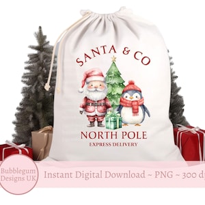 Weihnachten Santa & roter Pinguin PNG, Weihnachtssack Design, Weihnachtstasse Sublimation, Nordpol Express Lieferung, sofortiger digitaler Download