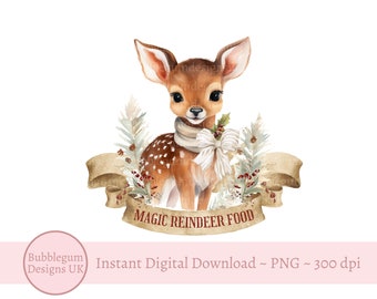 Puede incluir: Ilustración en acuarela de un cervatillo con pelaje marrón y manchas blancas, con una bufanda y un lazo. El cervatillo está rodeado de follaje invernal y una pancarta que dice "MAGIC REINDEER FOOD". Gráfico de descarga digital.
