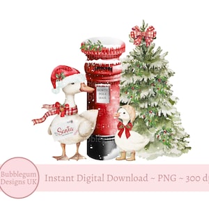 May include: A watercolor illustration featuring two white geese dressed for Christmas. One goose wears a Santa hat and scarf, holding a letter to Santa. A red postbox and snow-covered Christmas tree complete the festive scene.