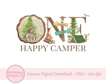 One Happy Camper Sublimation Design, PNG, Woodland 1st Birthday, First Birthday Bear Design, Happy Camper, Instant Digital Download