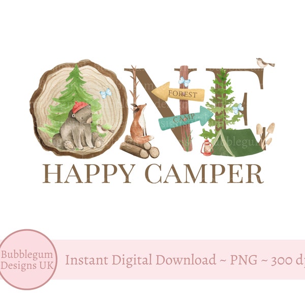 One Happy Camper Sublimation Design, PNG, Woodland 1st Birthday, First Birthday Bear Design, Happy Camper, Instant Digital Download