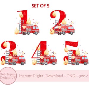 Camion de pompier rouge numéros 1 à 5 ans sublimation dessins, PNG, camion de pompier Bundle, camion de pompier rouge & Clipart pompier, téléchargement immédiat