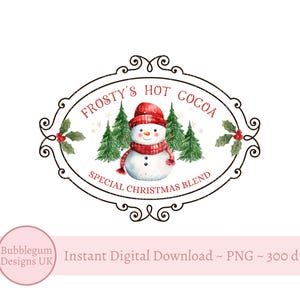 Frosty&#39;s Hot Cocoa PNG, Christmas Mug Sublimation Design, Christmas Cocoa Label, Sublimation Design, Hot Chocolate, Instant Digital Download