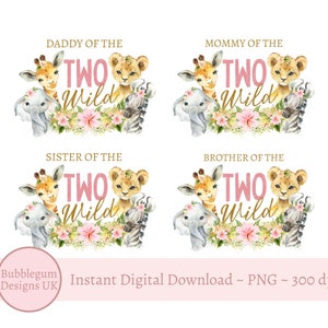 4 x Baby Safari Animals Girls Dois PNGs selvagens, dois designs de sublimação de camisetas de família selvagem, camiseta de aniversário de família, download digital instantâneo
