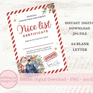 Certificaat Santa's Nice List, A4 kerstman trein kerstbrief, kerstman Nice List, Noordpool, JPG, Instant Digitale Download