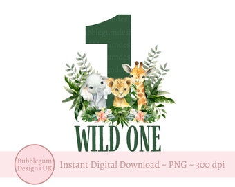 Wild One Baby Safari Animals PNG, Watercolor Baby Animals, T Shirt Sublimation Design, Birthday Card image , Instant Digital Download