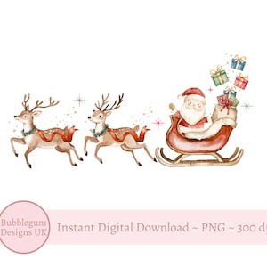Trineo de renos de Papá Noel PNG, Clip Art de Navidad, Diseño de saco de Papá Noel, Almohada navideña, Sublimación navideña, Descarga digital instantánea