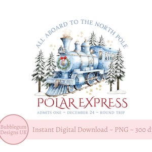 Tren expreso navideño del Polo Norte PNG, imágenes prediseñadas de tren navideño, sublimación de tren navideño, saco de tren navideño, descarga digital instantánea