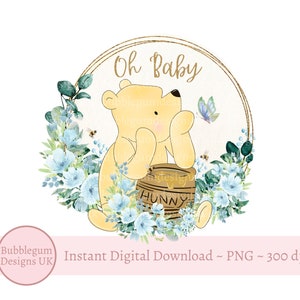 Corona floral clásica de Winnie Pooh, Oh Baby, azul PNG, sublimación de Winnie Pooh para baby shower, tarro de miel de Pooh, descarga digital instantánea