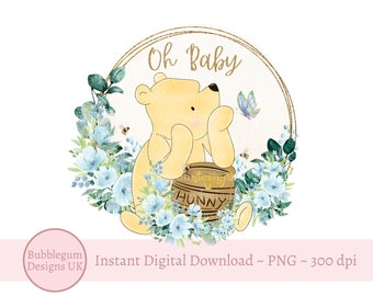 Classic Winnie The Pooh Oh Baby Blue Floral Wreath PNG, Winnie The Pooh Baby Shower Sublimation, Pooh Honey Pot, Instant Digital Download