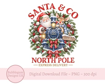 May include: A digital graphic featuring a blue train engine labeled Polar Express, surrounded by a Christmas wreath with Santa Claus and a reindeer. The text reads Santa & Co North Pole Express Delivery. The design includes red bows, pinecones, and holly berries.