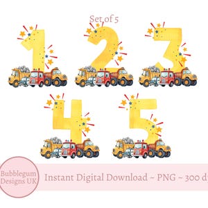 Numéros de voitures de camions âgés de 1 à 5 ans, motifs en sublimation, PNG, Clipart transport, lot de camions, conception de construction, téléchargement immédiat