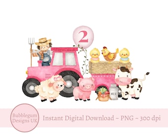 Pink Farm Tractor 2nd Birthday PNG, Farm Animals Sublimation Design, Birthday T Shirt Design, Cow, Lamb, Pig, Instant Digital Download