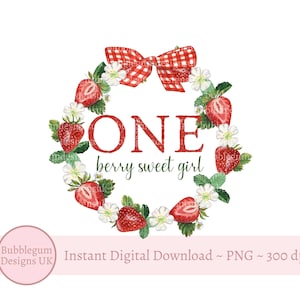 Une petite fille douce aux baies PNG, conception de sublimation de T shirt premier anniversaire aux fraises, couronne de 1er anniversaire aux fraises, téléchargement immédiat