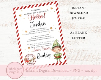 May include: A digital Christmas-themed letter with a red and white border. The letter includes text that says "Hello! Jordan" and is signed "Love From Buddy." An illustration of an elf is on the right side of the letter. The letter is an instant digital download.