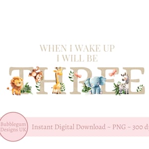 Beige Safaritiere drei PNG, Safari Sublimationsdesign, dritten Geburtstag Pyjamas, Dschungeltiere, wenn ich aufwache, sofortiger digitaler Download