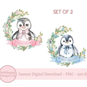 2 x Penguin Christmas Wreaths PNG, Pink & Blue My First Christmas Sublimation Design, Baby's 1st Christmas Design, Instant Digital Download