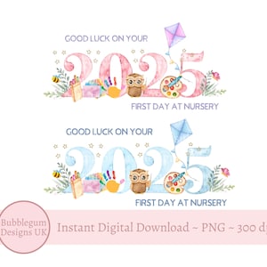 Conjunto de 2 - ¡Buena suerte en tu primer día de guardería 2025!, PNG azul y rosa, Tarjeta de bienvenida al cole, Descarga digital instantánea