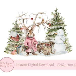 Rosa Weihnachtskaninchen Waldland PNG, Winterwald Sublimationsdesign, 1. Weihnachtskartendesign, Weihnachtssack Design, sofortiger digitaler Download