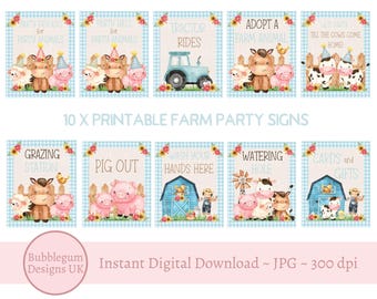 May include: Ten printable farm party signs featuring cute cartoon animals and farm-themed text. The signs include phrases like "Party Favors for Party Animals", "Tractor Rides", "Adopt a Farm Animal", "Grazing Station", "Pig Out", "Wash Your Hands Here", "Watering Hole", "Cards and Gifts", and "Till the Cows Come Home".