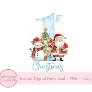 Blauwe 1e kerstman en sneeuwpop PNG, baby's eerste kerst, 1e kerstvakantie sublimatie, vrolijke kerstman, instant digitale download