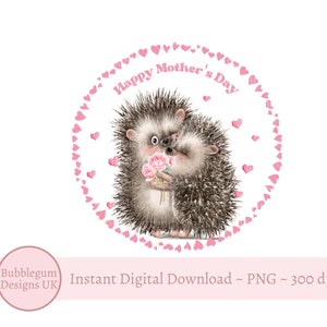Ouriços Feliz Dia das Mães Coroa de Corações Rosa Design de Sublimação PNG, Mum Baby Hedgehugs, Cartão de Dia das Mães, Download Digital Instantâneo