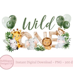Wild One Baby Safari Animals PNG, Aquarela Bebês Animais, Design de Sublimação de Camiseta, Design de Cartão de Aniversário, Download Digital Instantâneo