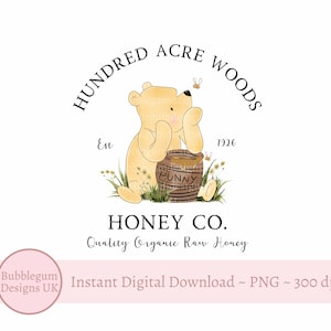 Pot de miel Winnie l'ourson classique PNG, design en sublimation Winnie l'ourson, abeilles de Hundred Acre Woods Honey Co., téléchargement immédiat